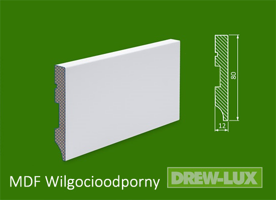 Listwa przypodłogowa MDF biała lakierowana  - 80 x 12 R1 PLUS - wilgocioodporna